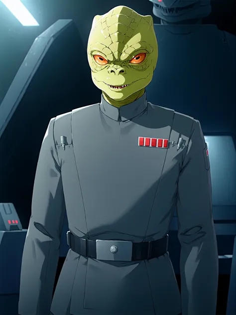 anime,alienígena trandoshano como oficial imperial vestindo um uniforme cinza