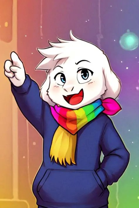 <lora:ssasriel:0.8>, anthro, white hair, scarf, smile, open mouth, solo