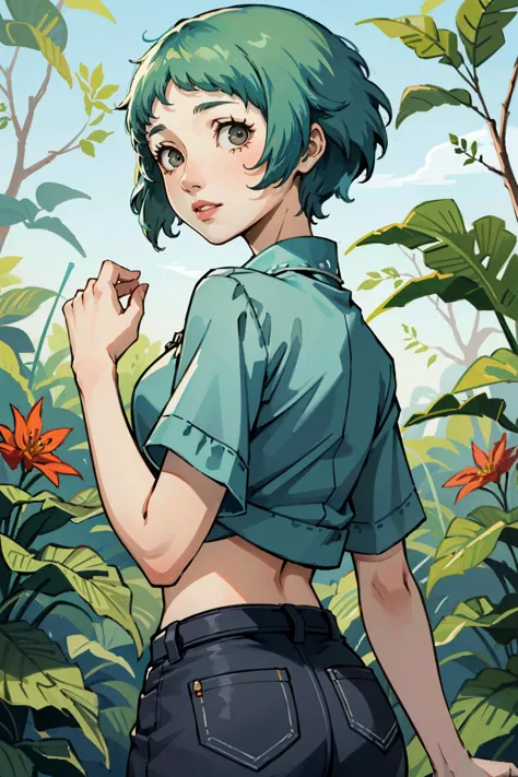 a woman with green hair and blue jeans standing in a jungle