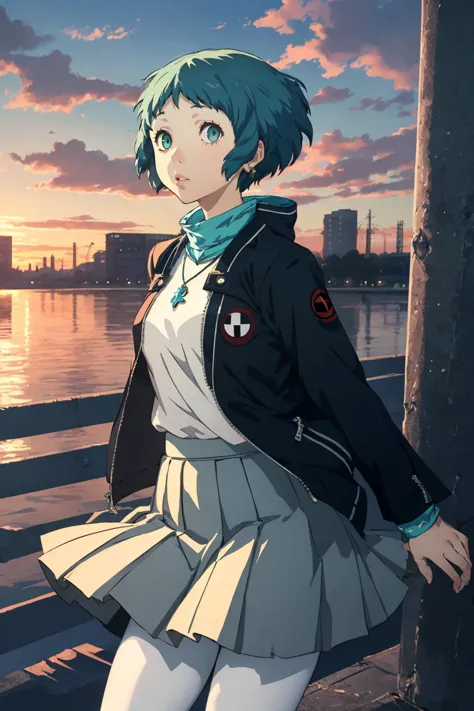 <lora:Persona3Fuuka:0.8> Persona3Fuuka, school uniform, skirt, white pantyhose, jewelry, necklace, aqua eyes, spring, jacket, windy, cloudy, early morning, dusk