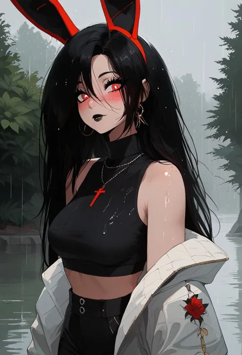 source_anime, 1girl, solo, score_9, score_8_up, source_anime, BREAK, cowboy shot, rain, rainy day, raining, wet hair, (wet clothing), street,
1girl, 21yo, (short), beautiful, woman, solo, heavy black eyeliner, eyelashes, beautiful face, (blush:1.7), cute smile, black lipstick, (freckles:1.4), (red eyes:1.5), black rabbit ears, bunny girl unusual pupils, flower shaped pupils, shiny skin, (medium breasts:1.0), tight clothes, curvy, (thick thighs), (narrow waist:1.0), (wide hips:1.1), (licorice black hair:1.5), red tinted hair, very long hair, straight hair, looking at viewer,
 black oversized jacket, sports bra, running shorts,  
dark_techwear, csr style, Nyantcha style, Expressiveh, <lora:ç¦è¶_XL_PONY:0.9>, <lora:dark_techwear:0.95>, contour lines, concept art, realistic, Wuthering Waves, g0thicPXL,