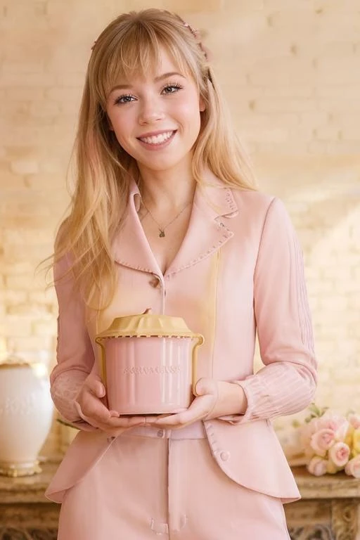photo realistic, masterpiece, best quality, studio lighting, solo, jmc pink suit, holding a ((pink)) (Urn) with ((two hands)) , smiling ,  blonde highlights with bangs , (yellow brick wall )in the  background, looking to the top right off center of the camera