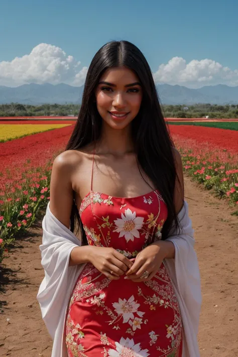 a woman in a red dress standing in a field of flowers