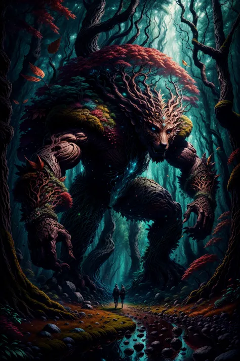 a man standing in the middle of a forest with a giant monster