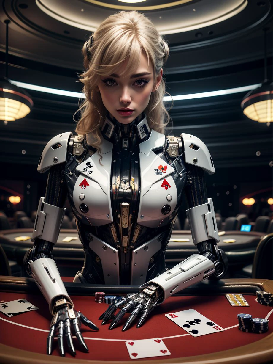 Abonnieren, ein futuristischer Roboter als Blackjack-Dealer in einem Casino, cybernetic, fantastisch, wunderlich, Realistisch, kompliziert, sehr detailliert 