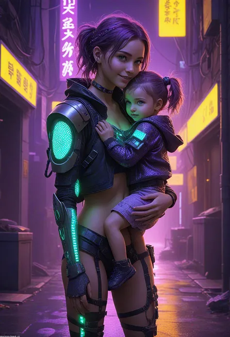 girl, child,cyborg, covered in scales, happy, carrying child,neon punk setting, glowing neon, cyberpunk, blue, purple, violet, g...