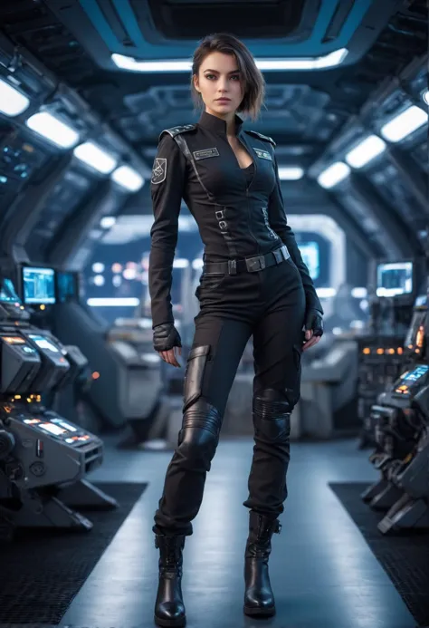 a woman in a black outfit standing in a spaceship