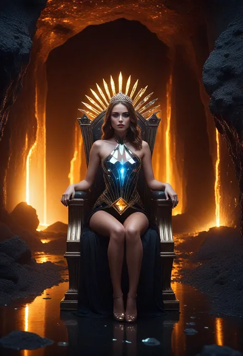 a woman sitting on a throne in a cave with a glowing crown