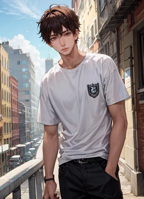 anime boy in a white shirt and black pants standing on a balcony