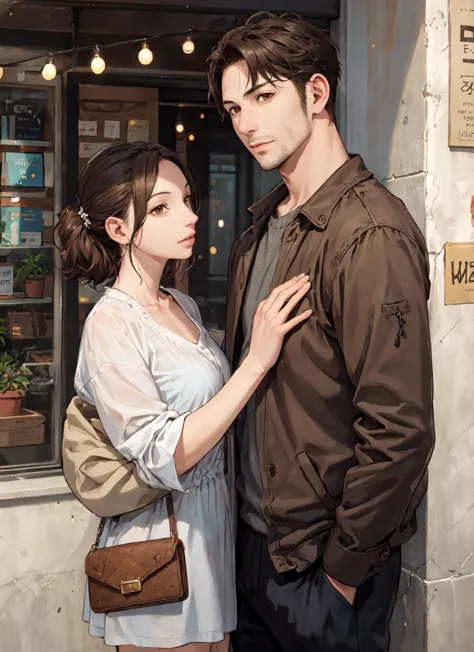 anime couple in front of a cafe