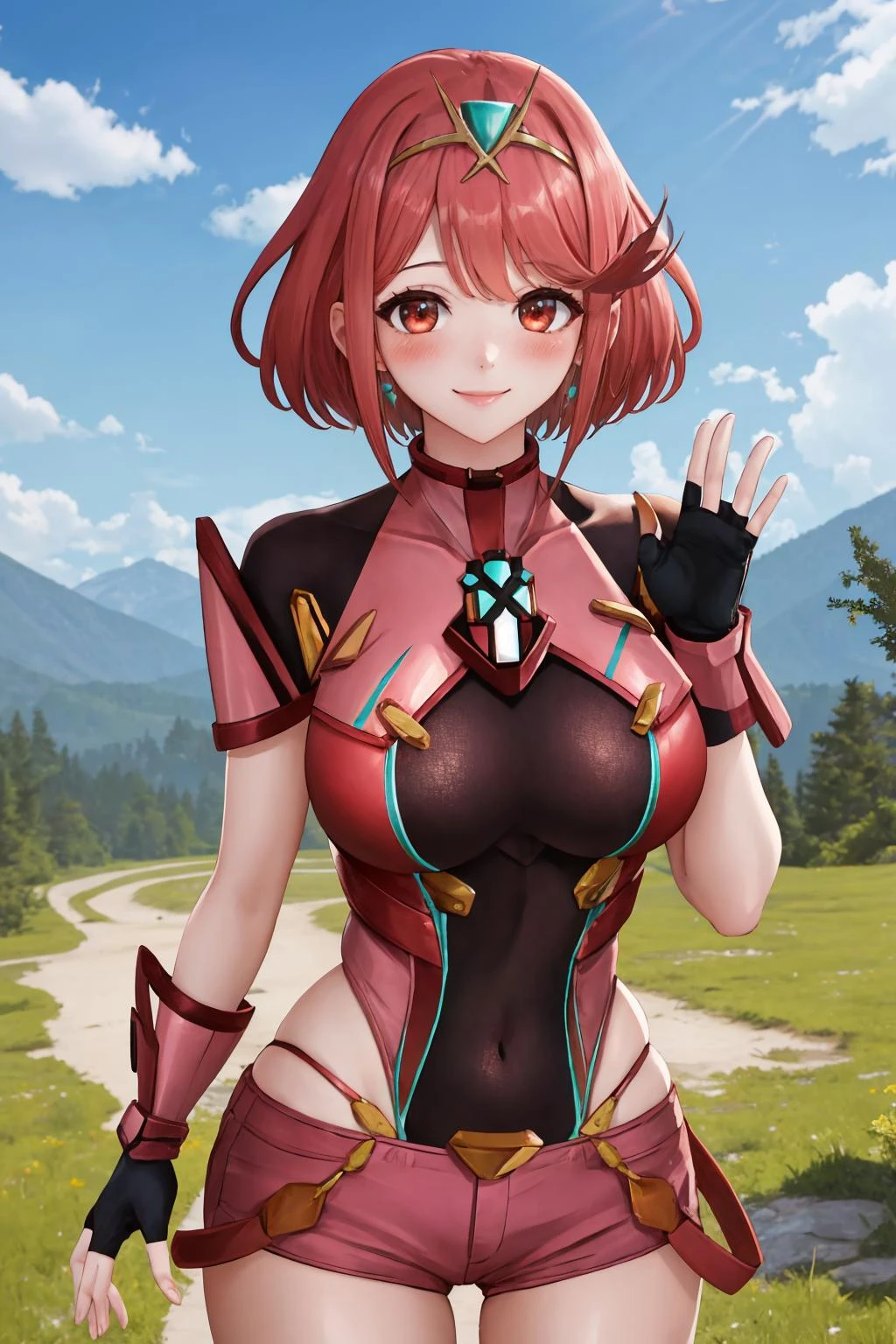 masterpiece, best quality, 1girl, solo, pyradef, tiara, earrings, chest jewel, impossible clothes, fingerless gloves, red shorts, fantasy, mountainous horizon, waving, smile, blush