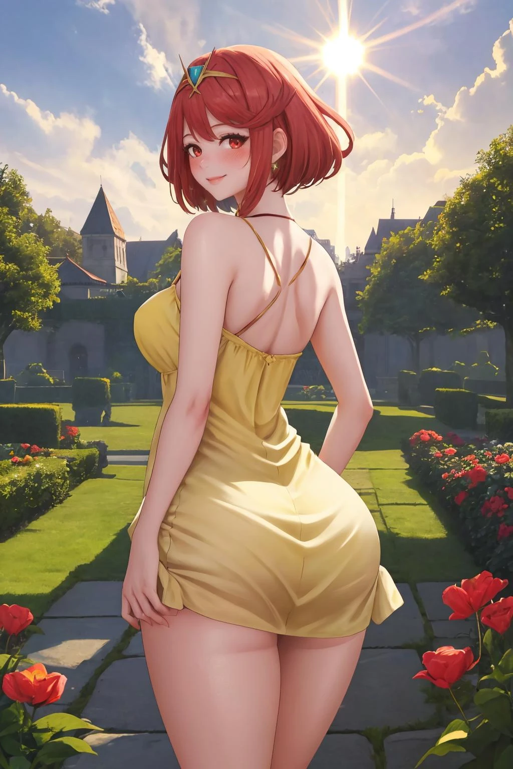 masterpiece, best quality, 1girl, solo, red eyes, pyrarnd, tiara, earrings, chest jewel, (yellow sundress:1.3), garden, from behind, ass, looking at viewer, smile, blush, thighs, beautiful, fantasy, picturesque, sunbeam, sunlight