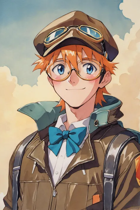 anime boy with orange hair wearing a pilot's hat and glasses