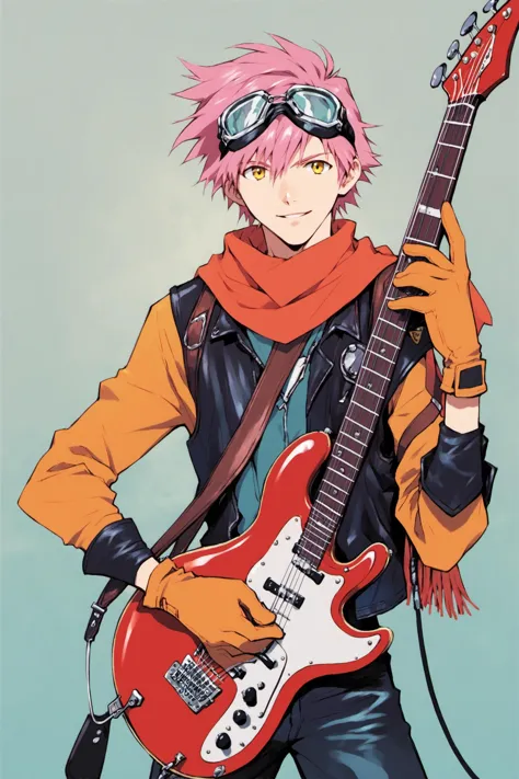 a man with a guitar and goggles holding a red guitar