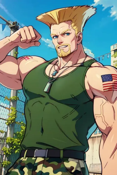 Ruse, cheveux blonds, haut plat,  barbe,  tatouage d&#39;épaule,  Musclé, yeux bleus,  regarder le spectateur, 
biceps,  muscle shirt vert, Pantalons camouflage,  collier,  dents,  tatouage drapeau américain, 
base de l&#39;armée de l&#39;air, matin, En plein air, 
debout, Haut du corps, 
(Incroyablement détaillé, beau visage détaillé,Beaux yeux détaillés, chef-d&#39;œuvre, Meilleure qualité) ,sourire, seulement, 
 