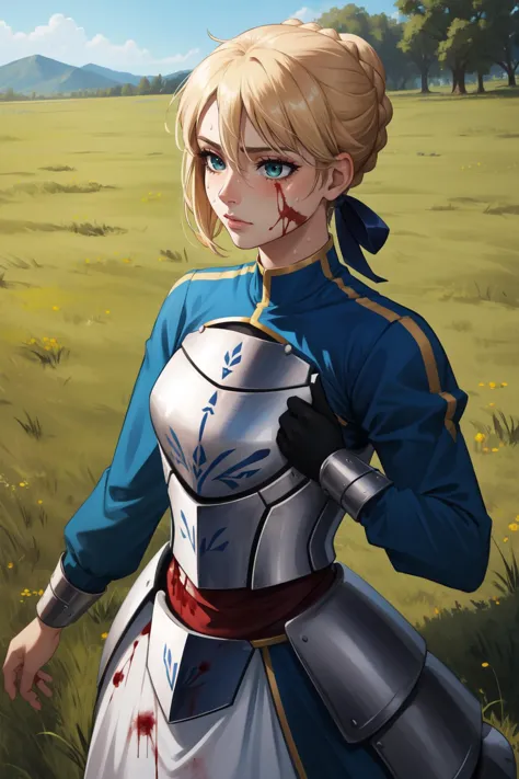 a woman in a blue dress holding a sword in a field