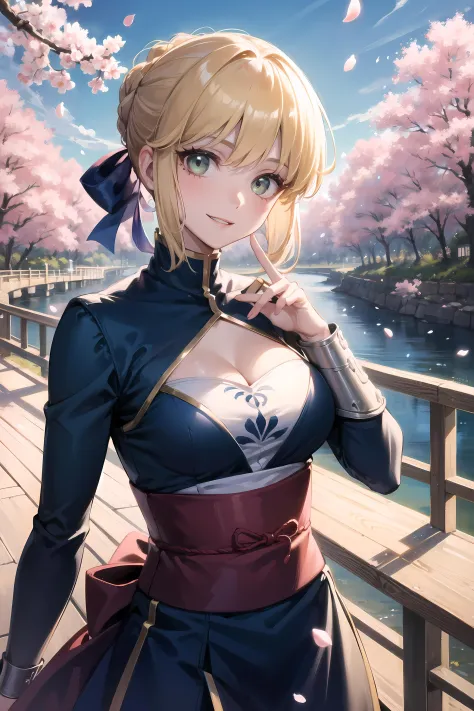 (masterpiece, best quality, glowing light, glistening, shiny skin, ultra detailed, detailed background, complex background),(perfect face, detailed face, detailed eyes,perfect hands,perfect fingers), (medium boobs:1.2,smile),(mature female:1.4),cowboy shot,thicc,
 saber,((gradient hair)),  gradient eyes, (glowing eyes:1.3), mascara, (fashion make up), parted lips, braid, hair ribbon, dress, blue ribbon, short hair, long sleeves, shirt, hair bun, armor,chest armor,
((middle of japanese countryside,japanese bridge,over the bridge,river,cherry trees,cherry petals,dark blue sky)),((super detailed background)), dynamic poses, ((8k wallpaper)) , <lora:saber-08:1>