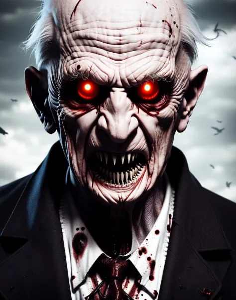 scary vampire monster old man, high quality raw photo, excellent composition, (cinematic lighting, cinematic colors, masterpiece, high detailed, best quality, photorealistic, ultra realistic, 8k hdr:1.2)