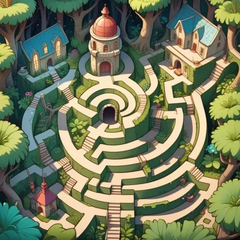 Create a cartoon-style image of an enchanting maze, designed with whimsical twists and turns that evoke a sense of wonder and confusion. The labyrinth is filled with vibrant, exaggerated foliage and fantastical traps that lure adventurers deeper into its spellbinding paths. In the heart of the maze, a glowing treasure or mysterious object beckons, casting an alluring light through the intricate passages. The overall atmosphere is playful yet mystifying, capturing the essence of a bewildering adventure in a cartoon fantasy world.      <lora:maze:0.65>