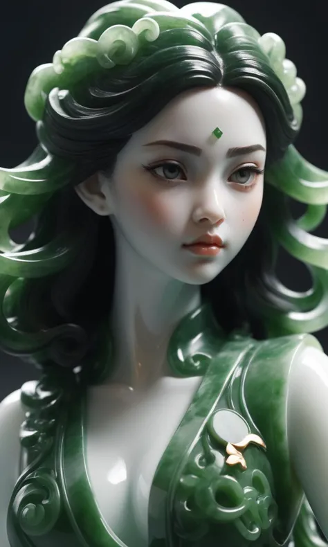 jade Sculpture,jade,realistic,1 girl,hair ornament,close up shot,pure white skin,cinematic light,