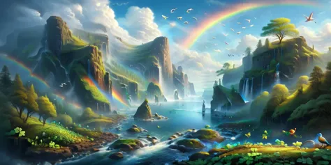 CelticLandStyle,rainbow, blue sky, cloud, tree, sky, bird, waterfall, fantasy, nature, water, <lora:CelticLandStyleXL:1> <lora:x...