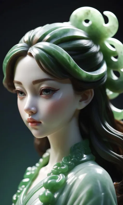 jade Sculpture,jade,realistic,1 girl,hair ornament,close up shot,pure white skin,cinematic light,