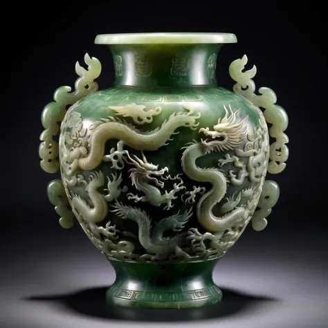 an ancient Chinese jade vase,intricately relief with depictions of dragons and phoenixes,photorealistic,