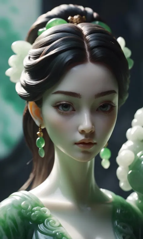 jade Sculpture,jade,realistic,1 girl,hair ornament,close up shot,pure white skin,cinematic light,