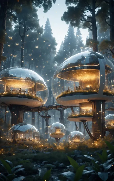 HD 8K, movie scenes, warm lighting, glass architecture, white, ceramic texture, crystal glass, futuristic technology, robots, forests, fireflies, fantasy scenes,