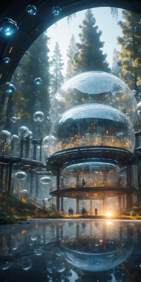 HD 8K, Escenas de película, iluminación cálida, arquitectura de vidrio, alta saturación, Composición contrastante, blanco, textura ceramica, vaso de cristal, tecnología futurista, robots, bosques, Luciérnagas, escenas de fantasia,