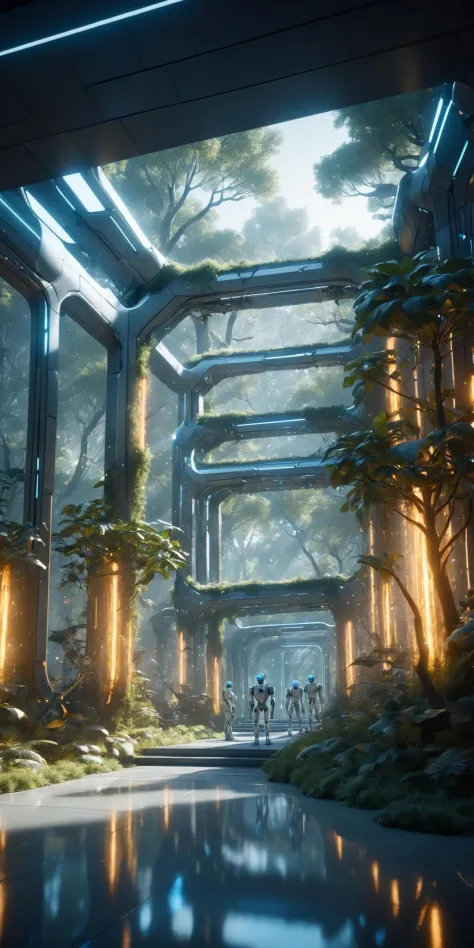 HD 8K, Escenas de película, iluminación cálida, arquitectura de vidrio, alta saturación, Composición contrastante, blanco, textura ceramica, vaso de cristal, tecnología futurista, robots, bosques, Luciérnagas, escenas de fantasia,