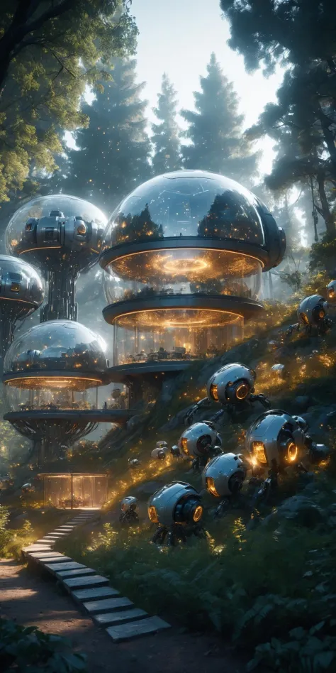 HD 8K, movie scenes, warm lighting, glass architecture, high saturation, contrasting composition, white, ceramic texture, crystal glass, futuristic technology, robots, forests, fireflies, fantasy scenes,