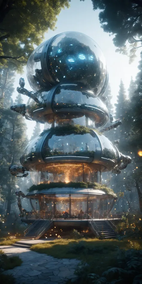 HD 8K, movie scenes, warm lighting, glass architecture, high saturation, contrasting composition, white, ceramic texture, crystal glass, futuristic technology, robots, forests, fireflies, fantasy scenes,