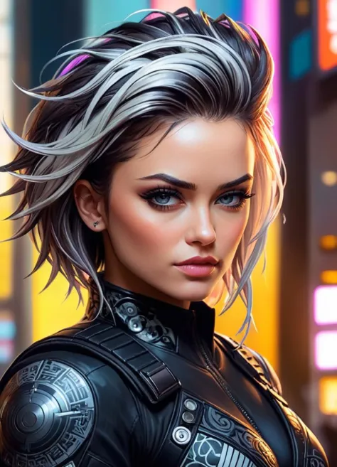 Zentangle cyber punk 2077, mulher ciberpunk, Arte de Ross Tran, arte com faca de paleta, técnica de escultura de um grande Robin Tunney, de pé, Cabelo claro, [Geeky|tranquilo] penteado quiff, centrado no horizonte, Aconchegante, Arte Fluxus, luz direta, Ectacromo . Intrincado, abstrato, monocromático, padrões, meditativo, Altamente detalhado