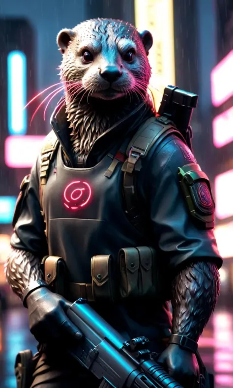 Neon noir (Digital Artwork:1.3) of (Ultrarealistic:1.3) <lora:Cyber BunnY Warfare FFusion:1> a statue of an otter holding a rifle, FFcyberbunny,, weapon, gun, no humans, assault rifle, blurry, holding weapon, blurry background, holding, animal, rifle, hold...