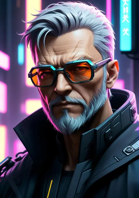 anime artwork a close up of a man with a beard and glasses, cyberpunk old man, cyberpunk dude, cyberpunk character art, cyberpunk themed art, bright cyberpunk glow, cyberpunk art style, cyberpunk soldier, neon cyberpunk, cyberpunk artstyle, cyberpunk digital art, cyberpunk hero, neon cyberpunk style, digital cyberpunk anime art, in cyber punk 2077, cyberpunk art ultrarealistic 8k . anime style, key visual, vibrant, studio anime,  highly detailed