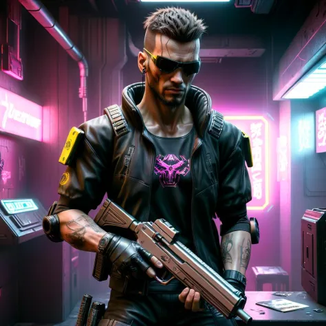 Hyperrealistic art <lora:FF-CyberF-Male1Locon:1> cyber man holding a gun in a neon lit room, cyberpunk hero, cyberpunk photo, cy...