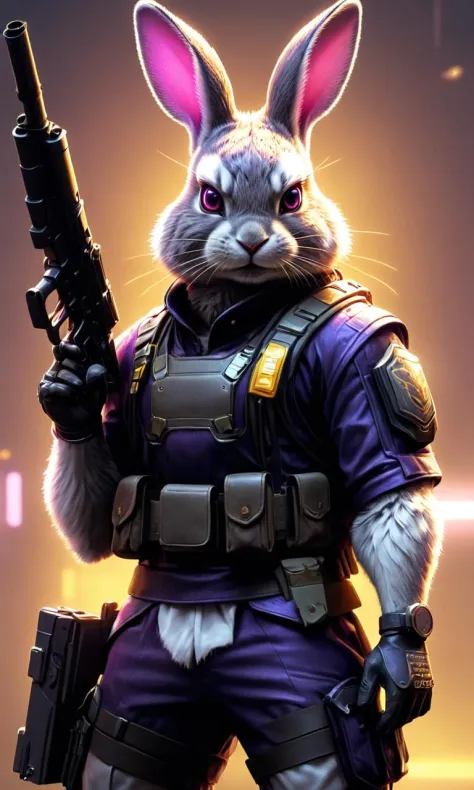 neonpunk style (Digital Artwork:1.3) of (Ultrarealistic:1.3) <lora:Cyber BunnY Warfare FFusion:1> a rabbit with a gun in his hand, FFcyberbunny,, weapon, gun, rabbit, holding weapon, holding, no humans, holding gun, solo, rifle, military, uniform, animal, grey background, standing, full body, furry, animal focus, pouch,CGSociety,ArtStation,(Yellow hue:1.3),close portrait,(manga:1.3),beautiful,attractive,handsome,trending on ArtStation,DeviantArt contest winner,CGSociety,ultrafine,detailed,studio lighting . cyberpunk, vaporwave, neon, vibes, vibrant, stunningly beautiful, crisp, detailed, sleek, ultramodern, magenta highlights, dark purple shadows, high contrast, cinematic, ultra detailed, intricate, professional