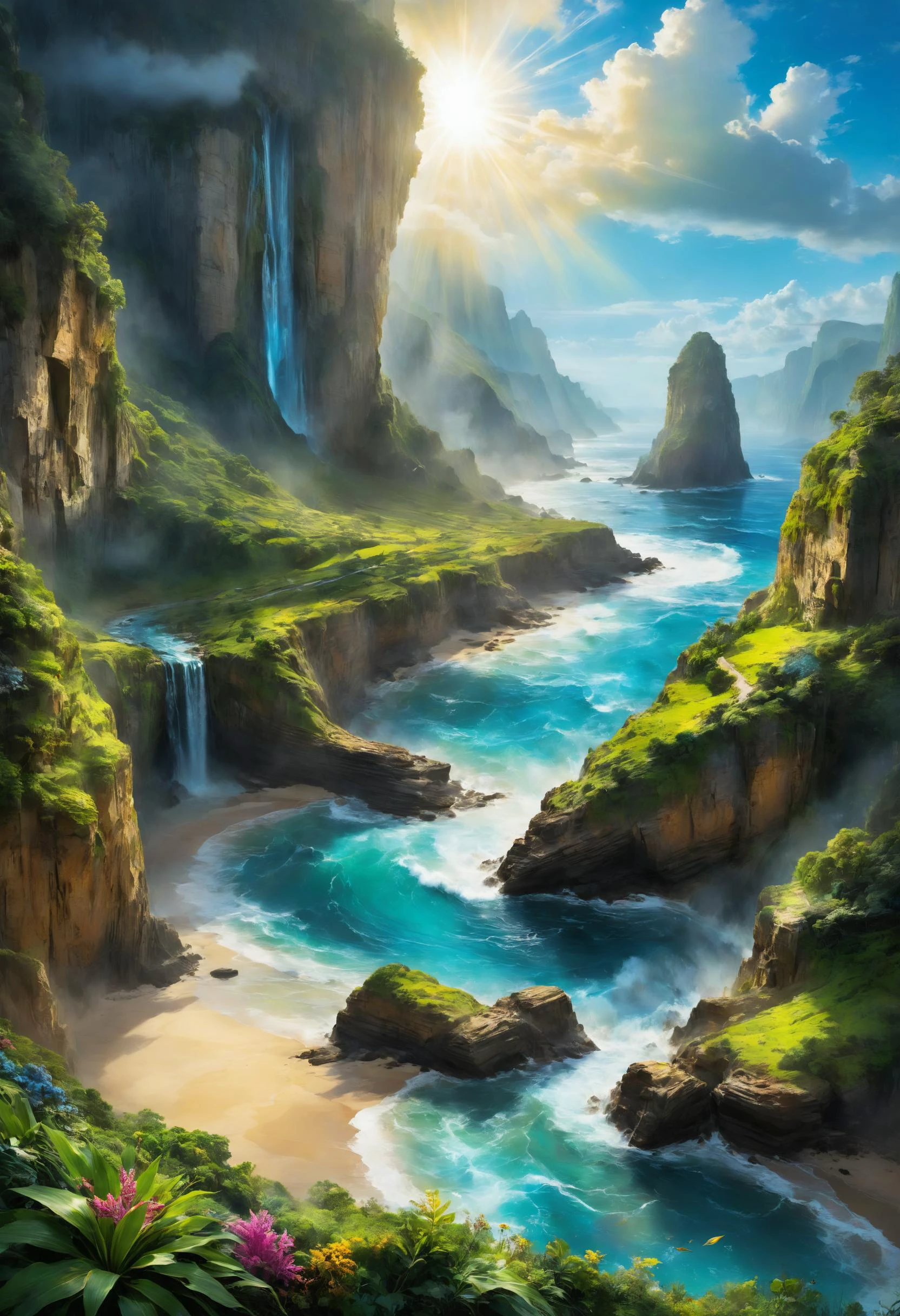 alien landscape, Bioluminescent rivers weaving through lush valleys, Towering cliffs overlooking crashing ocean waves , alien flora, Sunrays shine upon it, yktlr