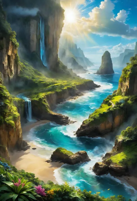 alien landscape, Bioluminescent rivers weaving through lush valleys, Towering cliffs overlooking crashing ocean waves , alien flora, Sunrays shine upon it, <lora:pastel_colors_xl_v3:0.7>, <lora:SDXLFaeTastic2400:0.4>,  <lora:YossiKotlerXLStyle:0.8> yktlr