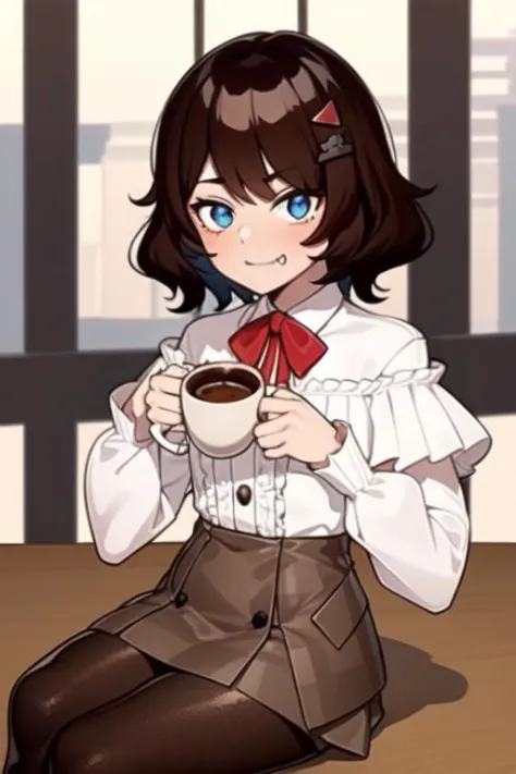 (masterpiece, best quality:1.2), <lora:Jovilly-09:0.9>, jovilly, 1girl, solo, cowboy shot, frilled shirt, brown skirt, blue eyes, brown short hair, hair ornament, frilled sleeves, brown pantyhose, looking at viewer, smug, confident, sitting, coffee shop ba...