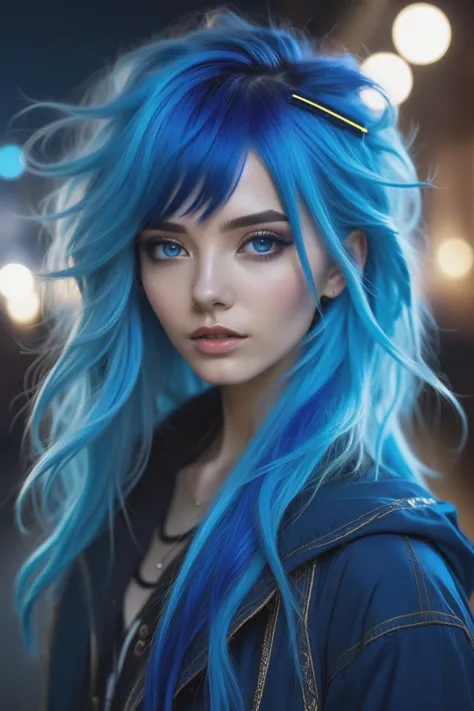 (1girl),(Final Sentence), beautiful woman, Long layers, extremely detailed clothes, Electric blue hair, looking at viewer,