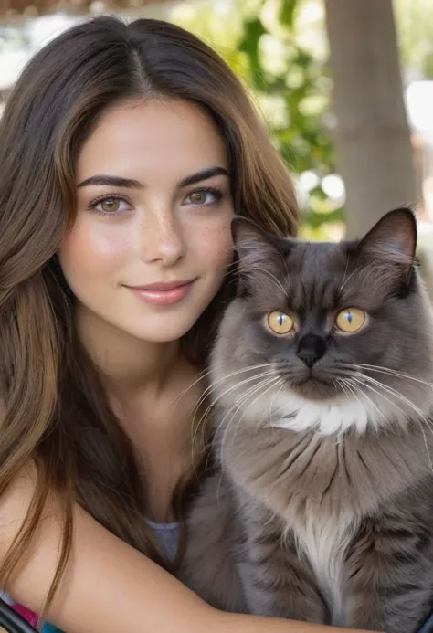 arafed woman with long hair and a cat sitting on a bench