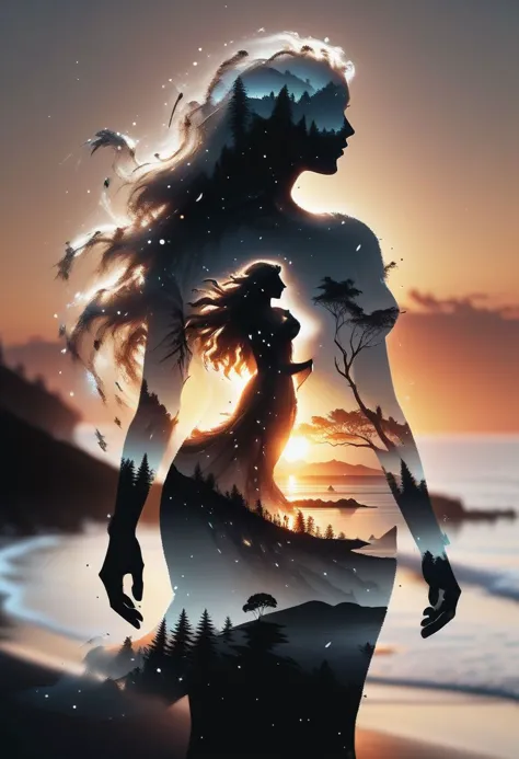 high quality, 8K Ultra HD, A beautiful double exposure that combines an goddess silhouette with sunset coast, sunset coast shoul...