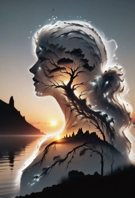 คุณภาพสูง, 8k อัลตร้าเอชดี, A beautiful การสัมผัสสองครั้ง that combines an goddess silhouette with sunset coast, ชายฝั่งพระอาทิตย์ตกควรใช้เป็นฉากหลัง, โดยมีรายละเอียดที่รวมอยู่ในเทพธิดา , เส้นที่คมชัด, พื้นหลังเป็นเอกรงค์, โฟกัสคมชัด, การสัมผัสสองครั้ง, สีเต็มสุดยอดมาก,