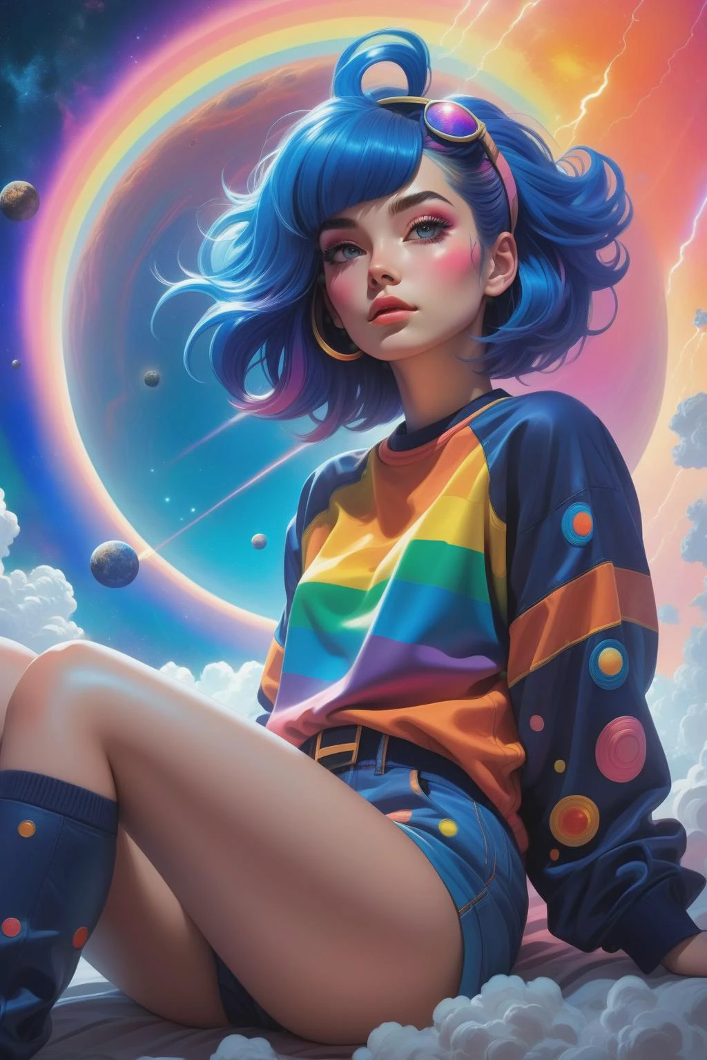in the style of artgerm, (1girl),(in the sky is supernova and asteroid belts and big gas giant ,               thunderstorm, and rainbow, and slightly cloudy,, ),Lying on the back with knees up, Shag haircut, extremely detailed clothes, Royal blue hair, looking at viewer, retro ink, neon Peach glow