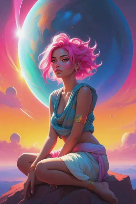 in the style of artgerm, (1girl),(in the sky is coronal flares and earthlike planet ,               sunset , sunlight with godrays, ),Sitting, leaning forward with elbows on knees,Dhoti, Choppy layers,extremely detailed clothes, Neon pink hair, looking at viewer, <lora:Retro_Ink_SDXL:0.4> retro ink, neon glow