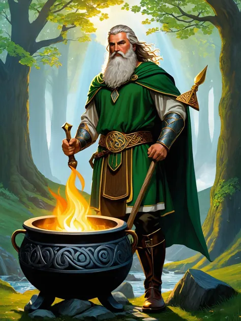 "Explore the character of Dagda from Irish mythology, focusing on his multifaceted nature as a deity associated with wisdom, str...