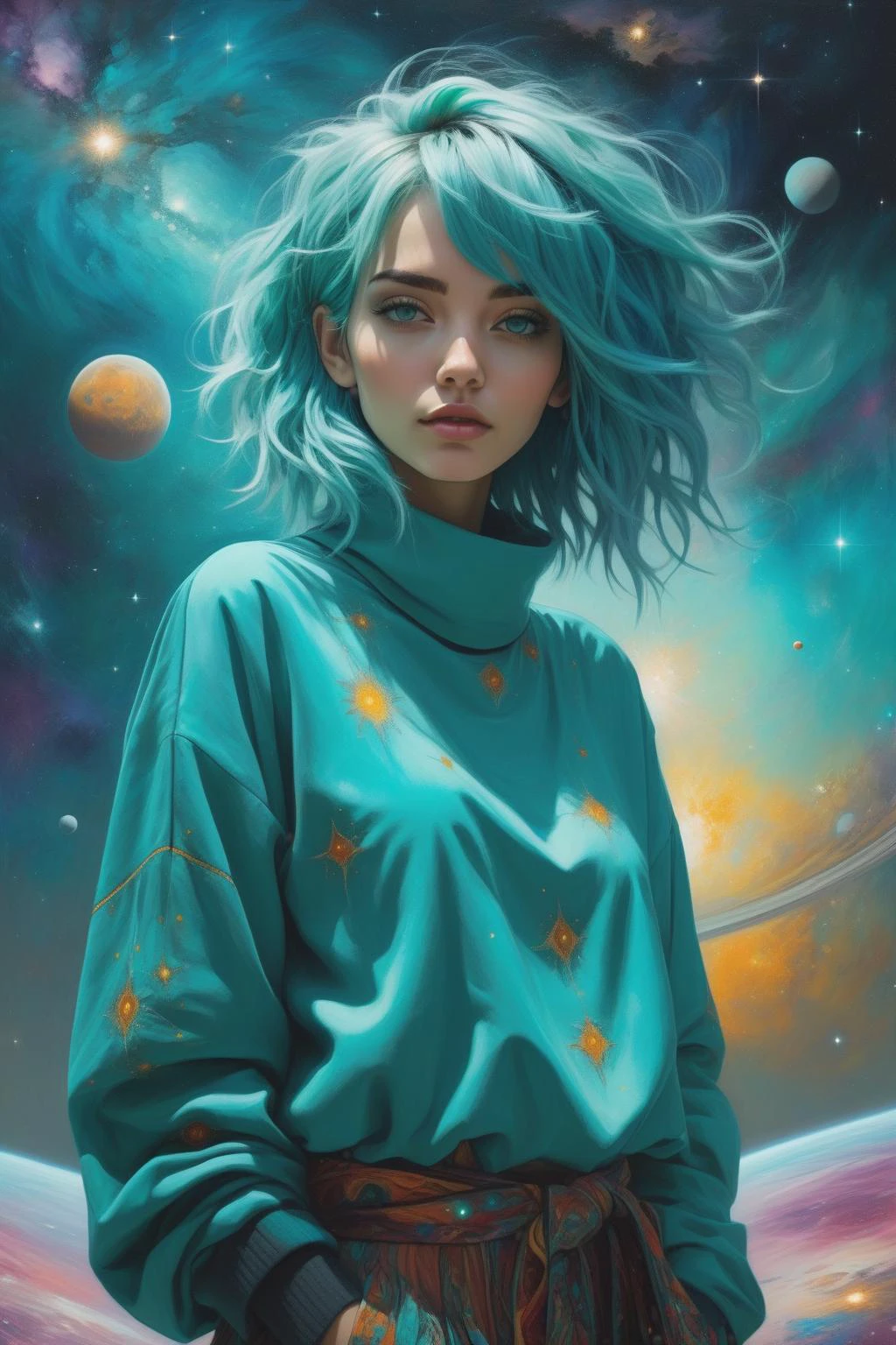 (1girl),(Ordained Stillness), beautiful woman, Choppy layers, extremely detailed clothes, Turquoise hair, looking at viewer,  cosmic canvas, 
