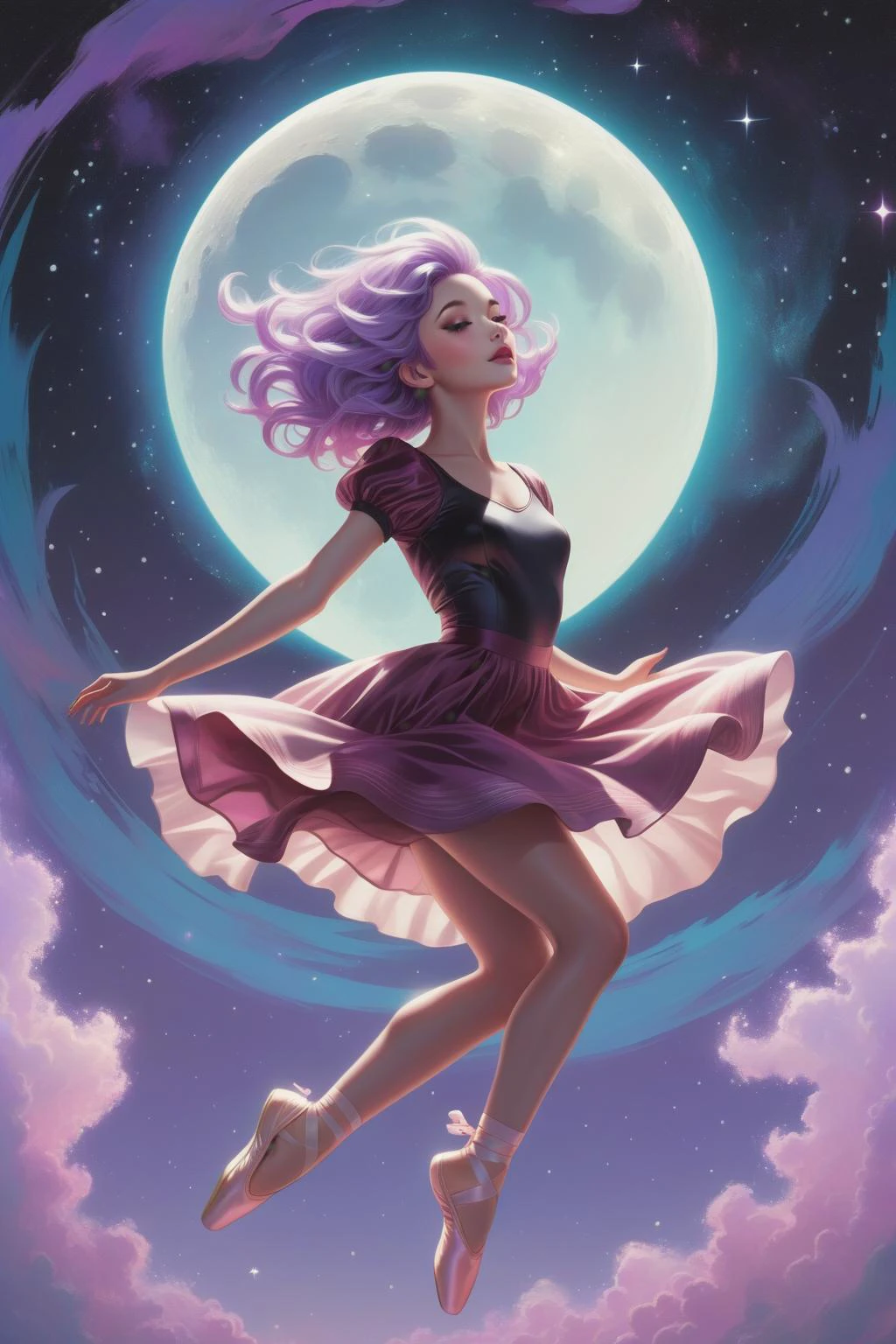 in the style of artgerm, (1girl),(in the sky is blackhole and empty moon and starfield ,               day, ),Jumping in a ballet leap, Beachy waves, extremely detailed clothes, Lilac hair, looking at viewer, retro ink, neon Maroon glow